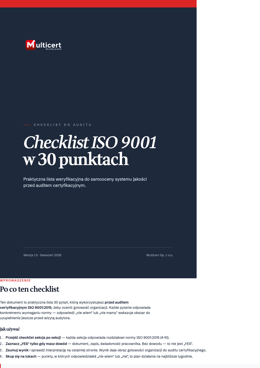 Okładka dokumentu: Checklist ISO 9001 w 30 punktach Multicert