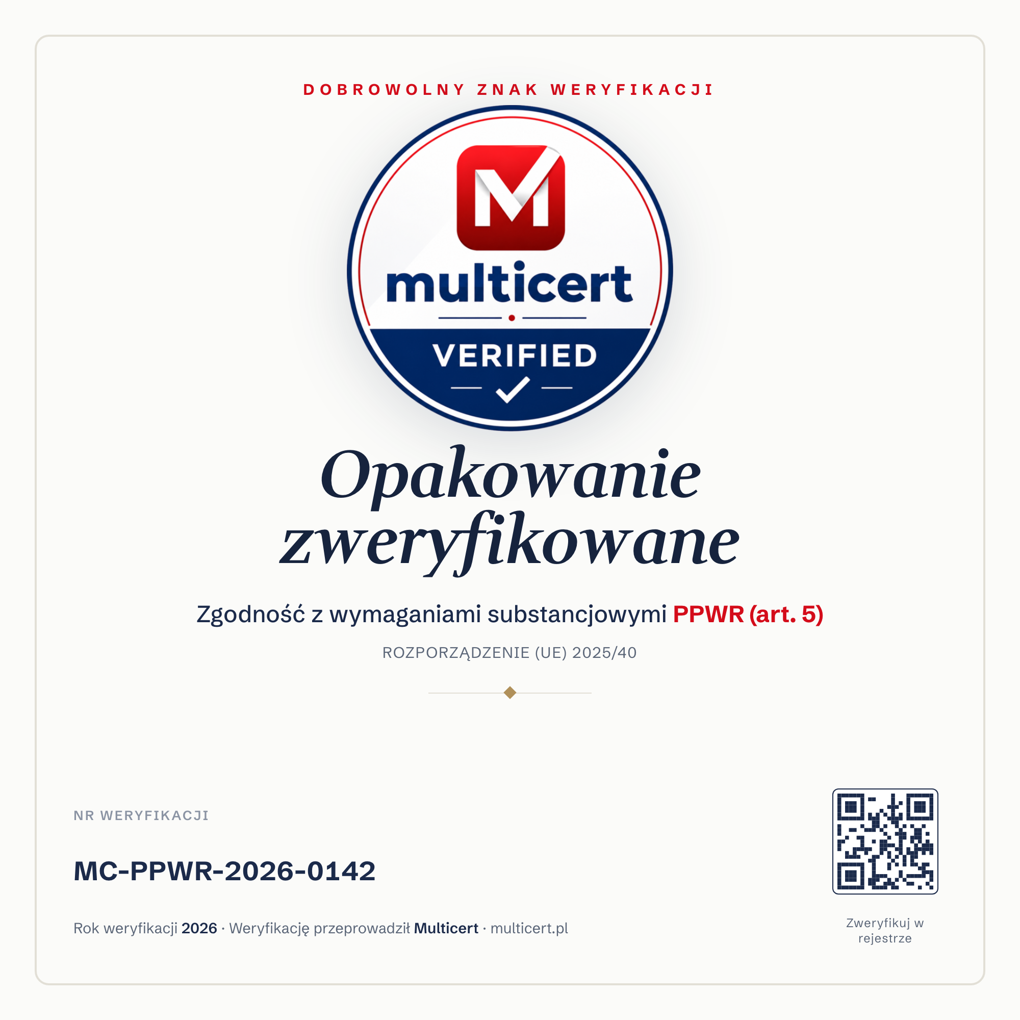 Dobrowolny znak Opakowanie zweryfikowane PPWR — Multicert